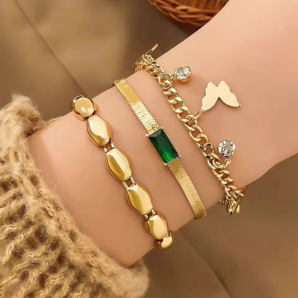 Imported Luxury Gold Bracelet Set Bangladesh – Emerald Stone & Butterfly